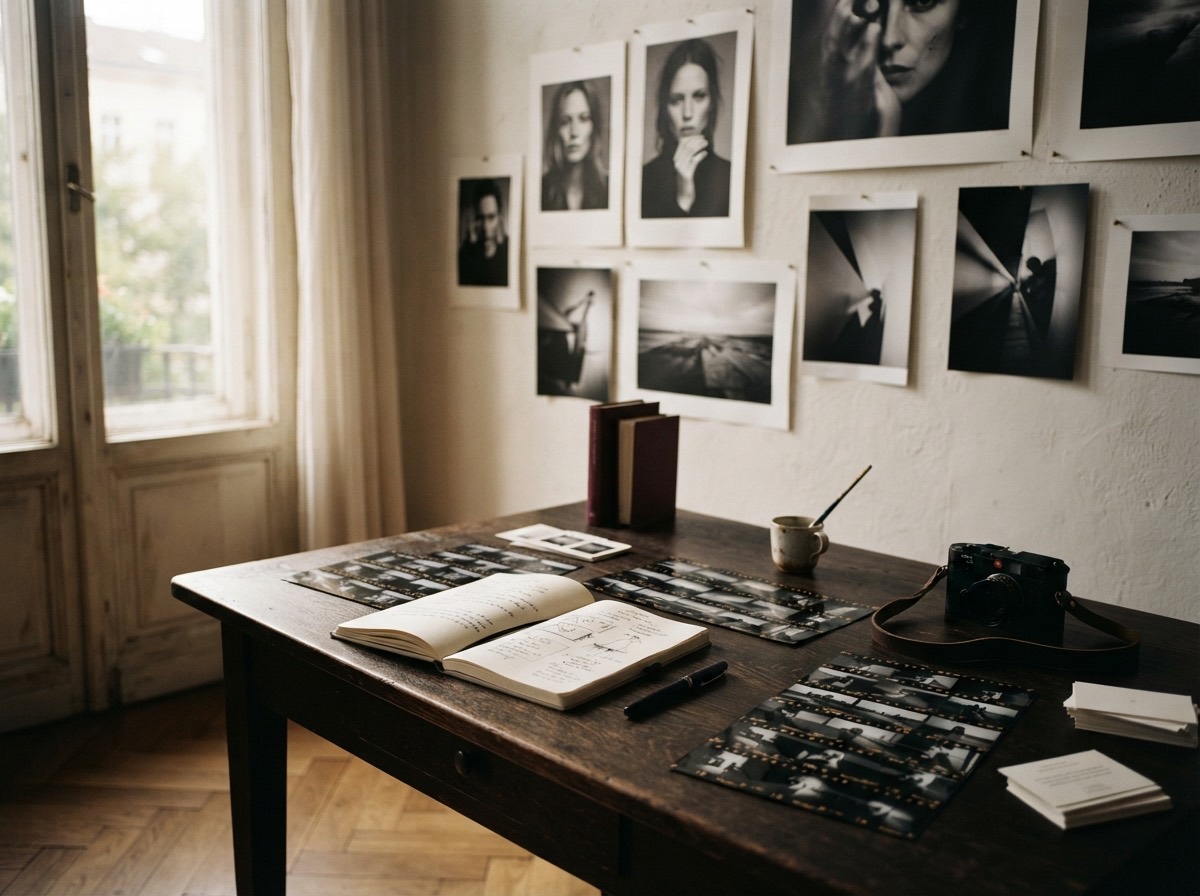Studio space atmosphere — cream walls and prints